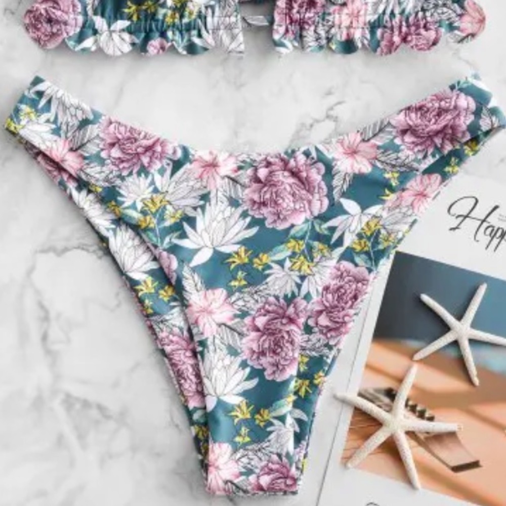 NEW Flower Ruffle High Waisted Bikini Swimsuit | Floral Ruffle Bikini - Picture 3 of 7